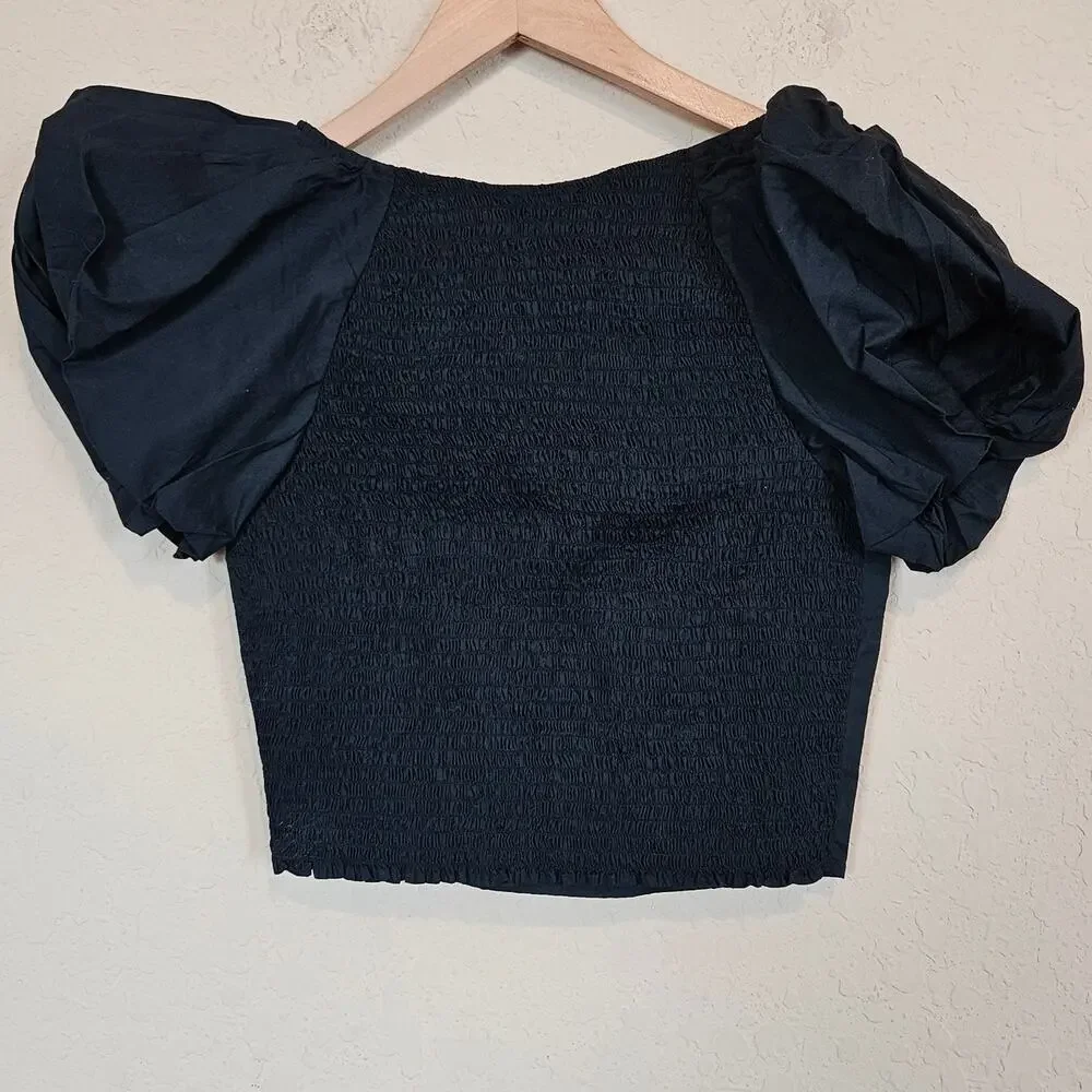 J Crew Puff Sleeve Cropped Top 100% Cotton Poplin Navy Women's‎ Size 4 Summer